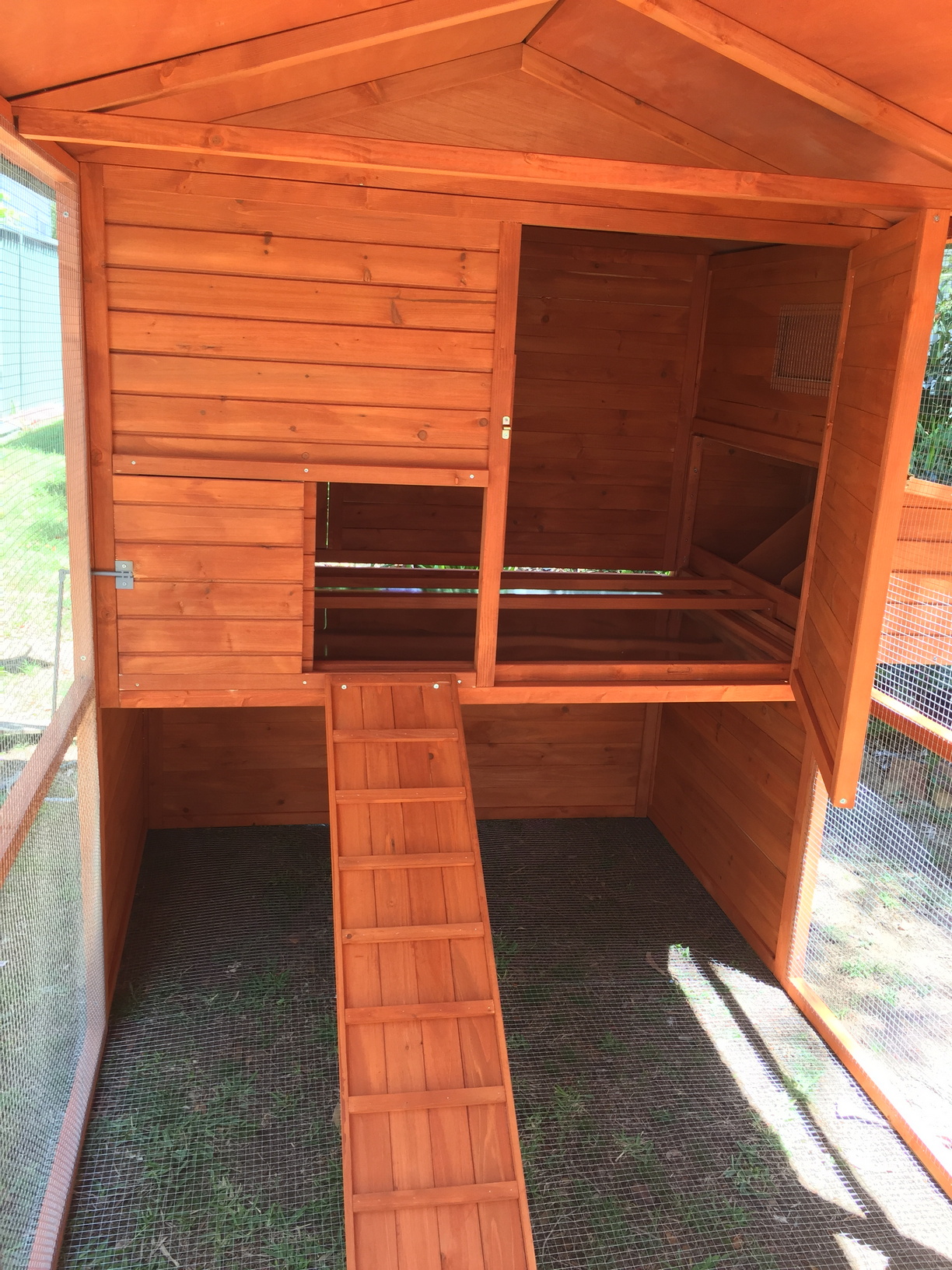 This is the ramp up to the roosting area, showing the front access door open and the entrance to the nesting boxes. Again, notice the mesh floor, which was later removed and used to vermin proof the outside of the coop.
