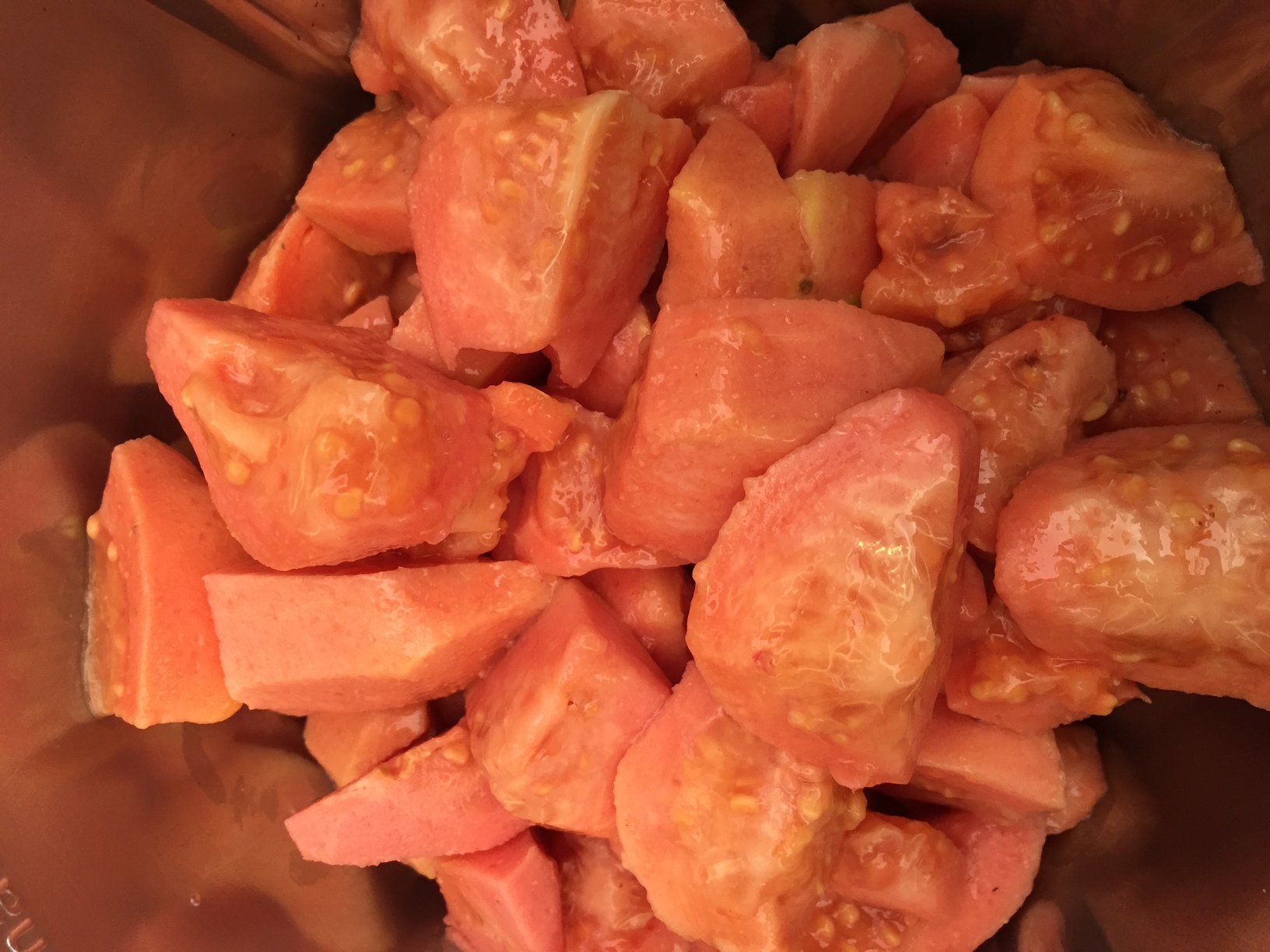Guavas cut up and in the Thermomix, ready to cook and puree.