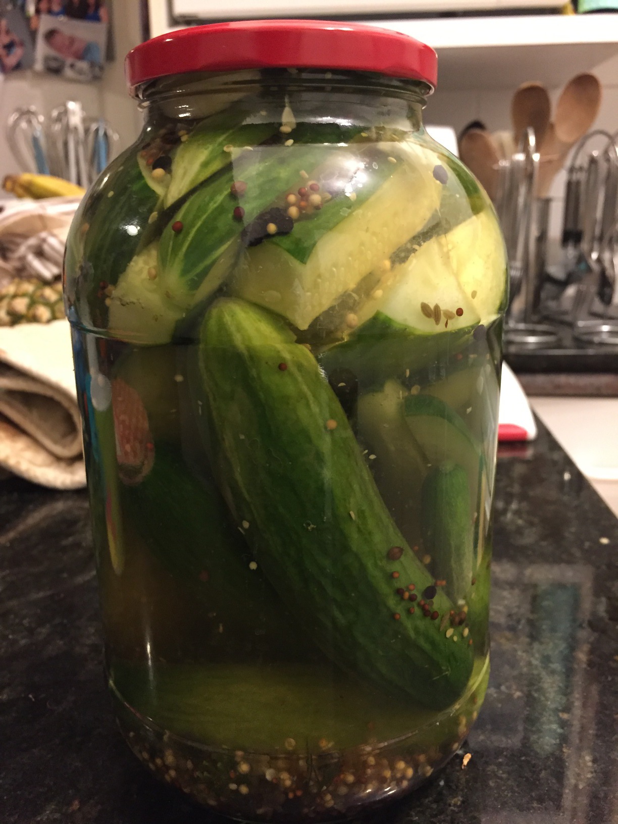 Freshly pickled cucumbers, ready to eat in 2-3 weeks. These were pickled in 12-JAN-2018, and they're still good. Not sure how long they are meant to last...