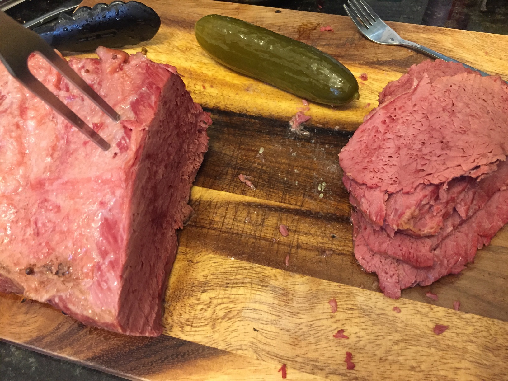 Corned beef sliced up and ready to load onto a sandwich