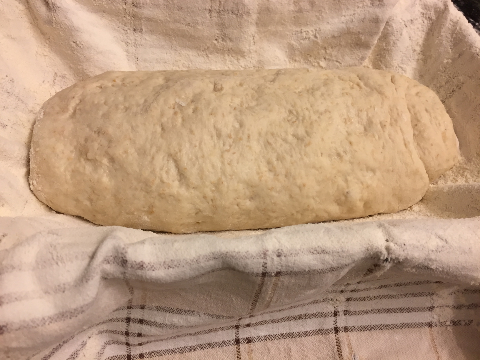 The floured tea towel was placed in a dish. I don't have a banneton, so just used a bowl of similar/close-enough dimensions.